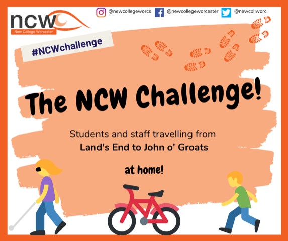 Artwork shows 2 people walking and a bike with the words The NCW Challenge