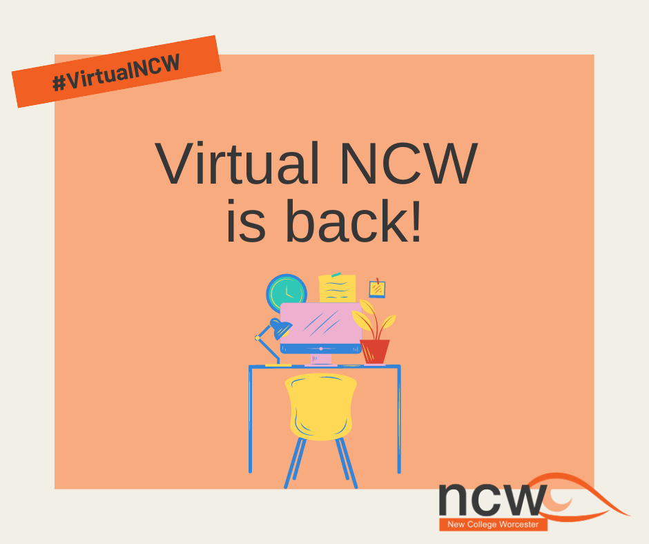 Graphic of a home learning set up: desk, computer and chair. Text reads 'Virtual NCW is back!'