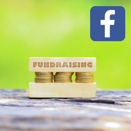 [image is two stacks of coins with a wooden block on top. Written on the block is the word ‘fundraising.’ The blue ‘f’ logo for Facebook is in the top right hand corner. The background is green.]