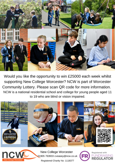 a poster promoting NCW and the lottery. There are images of lots of students. Text informing people about the college and a QR code for people to scan. 