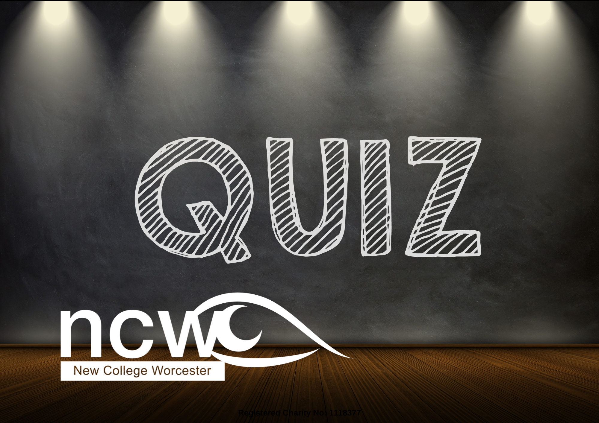 image of a black board with 'QUIZ' in chalk. There are lights shining down on to the text and the white NCW logo in the left corner