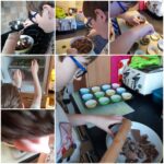 Collage of student making Easter egg cakes
