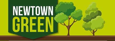 logo from Newtown Green Community group. The backgrown is green and there is a tree to the right.