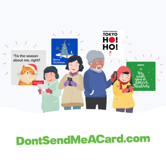 promo image for 'Dont send me a card.com'. Image shows people looking at a device whilst receiving an 'e-card'