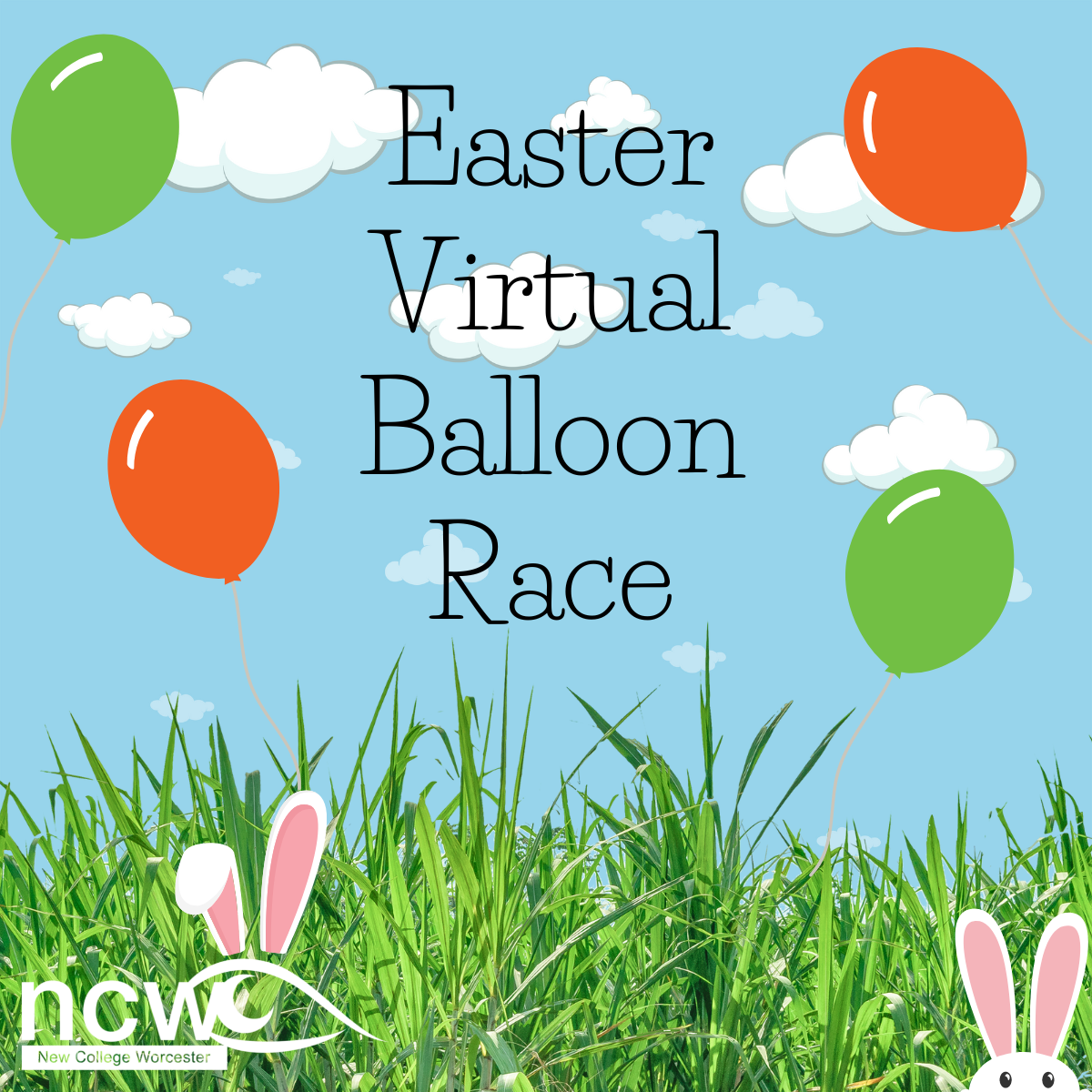 Promo image for the Easter Balloon Race. There is a blue sky with clouds and balloons. There is an Easter bunny peeking out from grass at the bottom of the screen and the NCW logo with bunny ears over the 'W'
