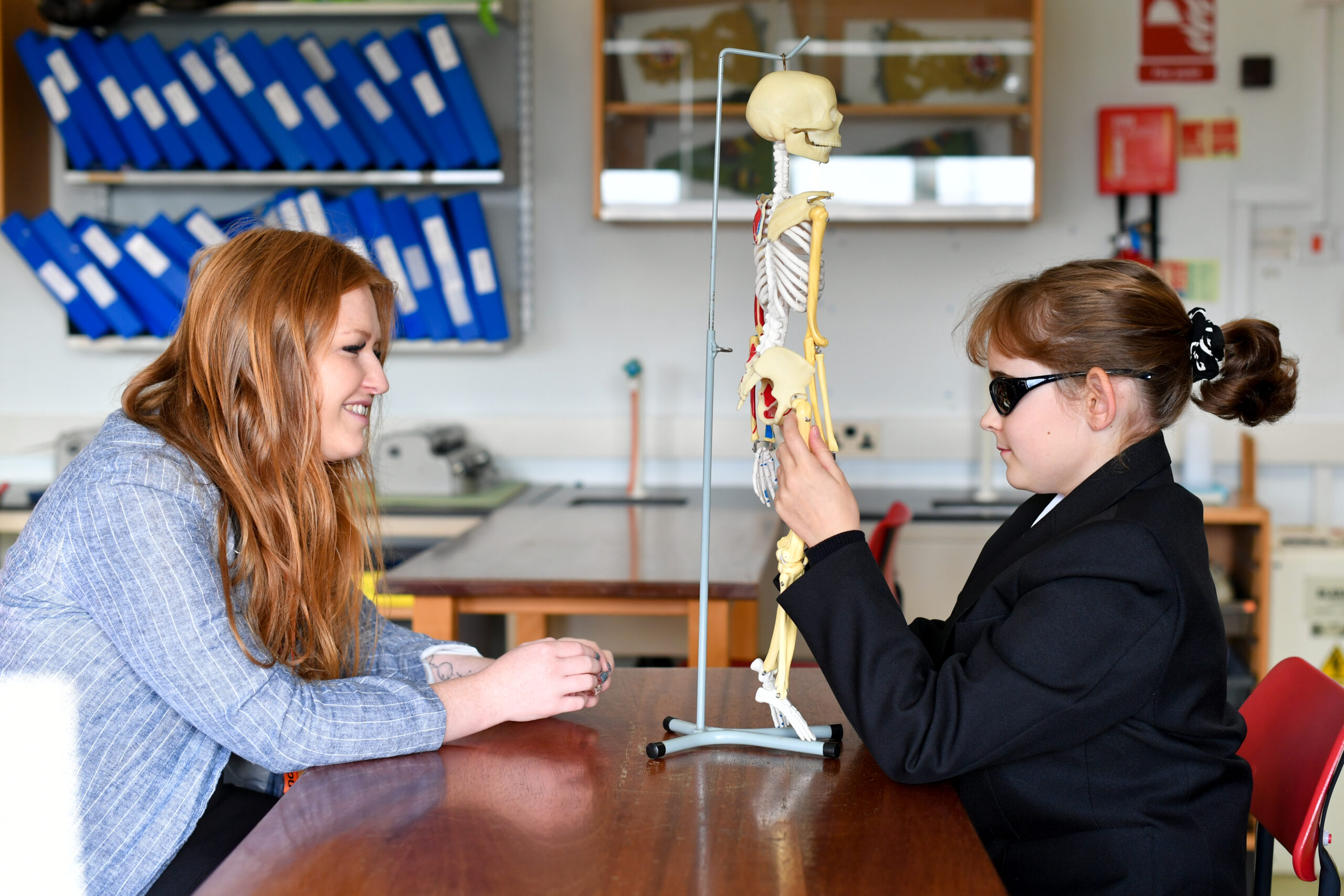 image of a student and teacher exploring a model sklelton