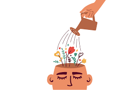 An animated picture of a boy with flowers coming out of his head being watered by a watering can