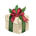 image of a Christmas present tied in green and red ribbon