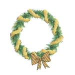 a Christmas wreath of holly with yellow and gold ribbon