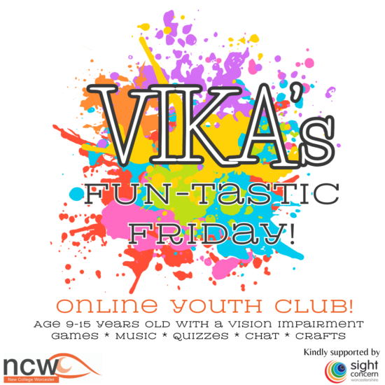 Logo for the Vika's Fun-tastic Friday with the text 'online youth group.' There us colour splodges of paint
