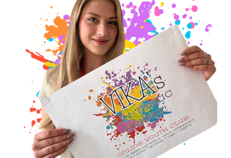 Vika holds a sign that reads "VIKA'S Fun-tastic Friday! Online Youth Club! Ages 8-15 years with vision impairment. Games, music, quizzes, chat, crafts." The background features colorful paint splatters. The logo for New College Worcester (NCW) is in the bottom left corner, and a logo for Sight Concern Worcestershire is in the bottom right corner.