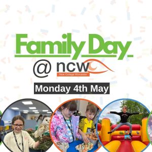 A colourful promotional graphic for New College Worcester’s “Family Day” event. At the top, large green text reads “Family Day” with the NCW logo displayed beneath it. A dark banner below shows the date “Monday 4th May,” alongside a decorative multicoloured confetti background. Along the bottom, five circular photos show people taking part in different activities, including handling a snake, interacting with an owl, doing arts and crafts, bouncing on an inflatable, and sitting inside a large bubble‑like play structure.