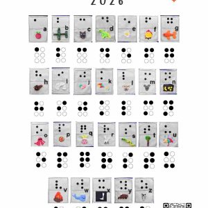 Front cover of the Braille Calendar. It reads "Our year in Braille 2026", underneath is each letter of the alphabet in braille and represented with clay.