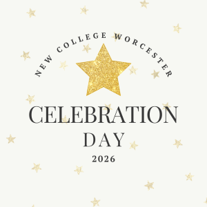 An off‑white background decorated with small gold stars. In the centre, a large textured gold star sits above curved text that reads ‘New College Worcester’. Below the star, the words ‘Celebration Day 2026’ appear in dark serif lettering.