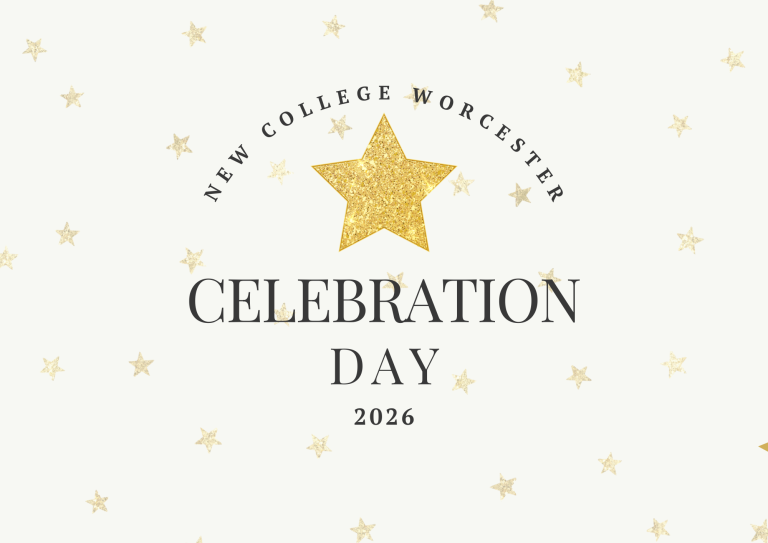 An off‑white background decorated with small gold stars. In the centre, a large textured gold star sits above curved text that reads ‘New College Worcester’. Below the star, the words ‘Celebration Day 2026’ appear in dark serif lettering.
