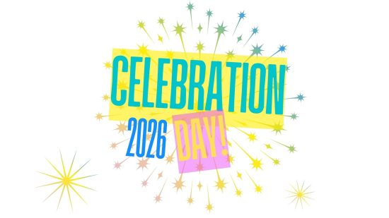"Bright, colourful graphic featuring the words ‘Celebration Day 2026’ in large bold text. The words are set against overlapping yellow, blue and pink shapes, with starburst-style fireworks radiating outward in multiple colours."
