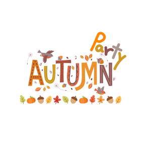 Illustration with the words “Autumn Party” in playful, colourful letters. Decorative fall elements surround the text, including leaves, pumpkins, acorns, berries, and two small birds. A row of pumpkins, acorns, and leaves runs along the bottom of the design.