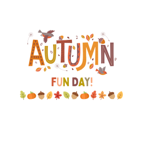 Colourful text saying Autumn Fun Day with leaves and birds.
