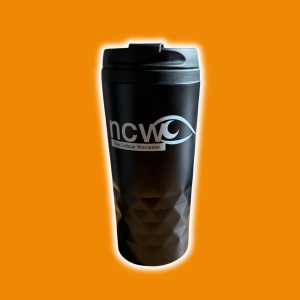 Mock up of the NCW black travel mug with branding in white