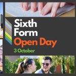 Promotional graphic for an NCW Sixth Form Open Day on 3 October. The centre panel has bold text reading “Sixth Form Open Day 3 October” alongside the NCW logo. Surrounding this are four photos showing students engaged in different activities, including using laptops, assistive technology, and working with staff in classroom settings. The background includes colourful vertical stripes on the left side of the central panel.