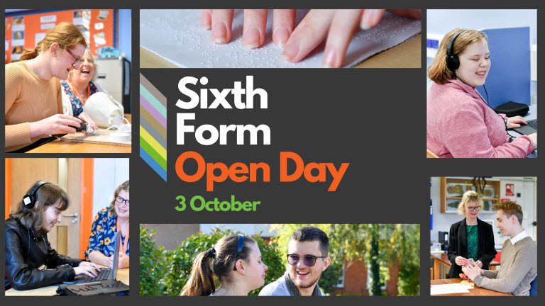 Promotional graphic for an NCW Sixth Form Open Day on 3 October. The centre panel has bold text reading “Sixth Form Open Day 3 October” alongside the NCW logo. Surrounding this are four photos showing students engaged in different activities, including using laptops, assistive technology, and working with staff in classroom settings. The background includes colourful vertical stripes on the left side of the central panel.