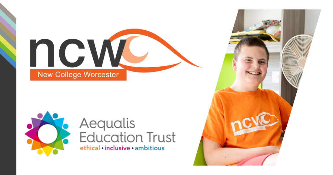 Image showing NCW and Aequalis logos with image of student Lawson wearing NCW t shirt in orange