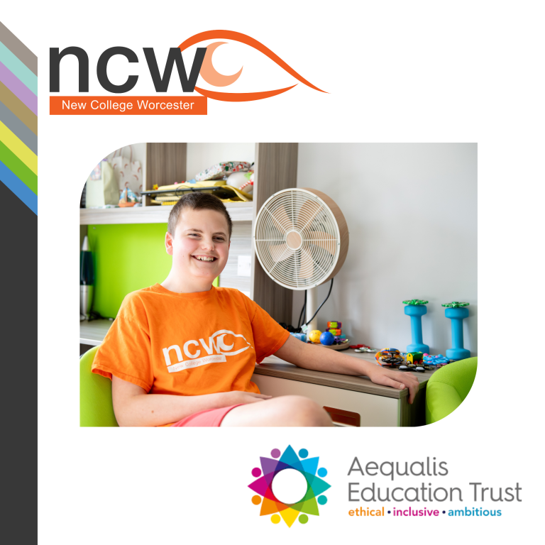 NCW and Aequalis logos with image of student Lawson wearing an orange NCW t shirt