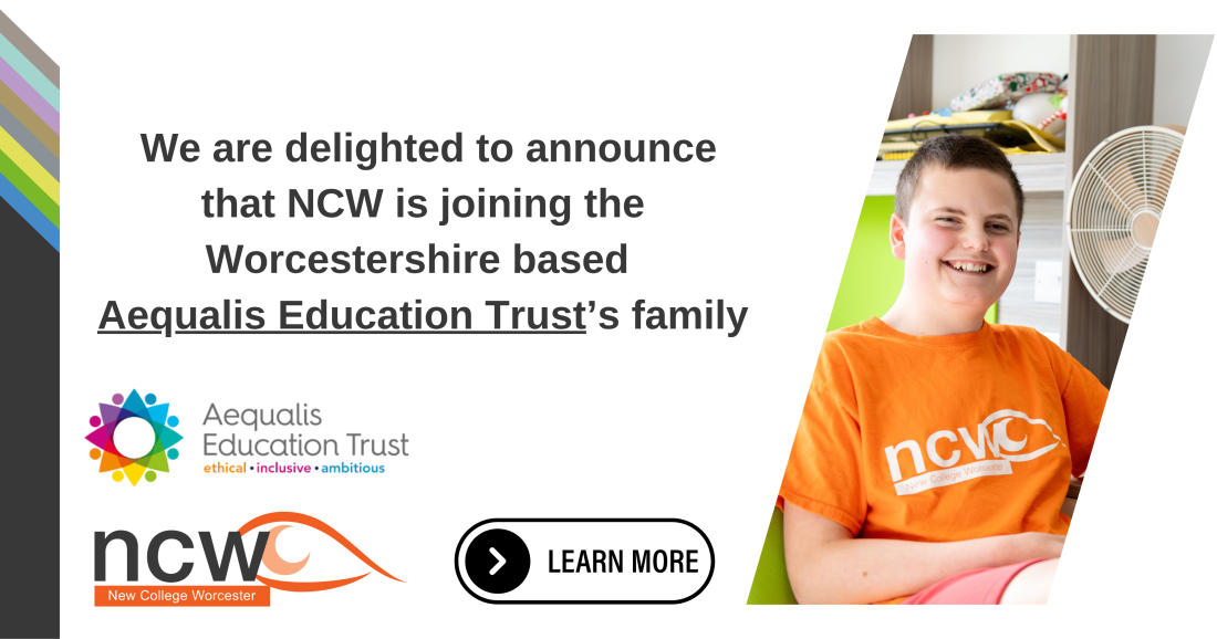 Banner graphic with an announcement about New College Worcester joining Aequalis Education Trust, alongside logos and a “Learn more” button, with a photo of a student in an orange NCW shirt on the right.