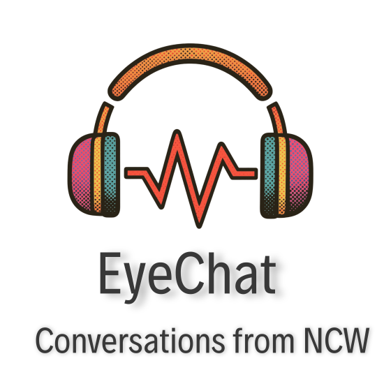 EyeChat podcast logo featuring a pair of colourful over-ear headphones connected by a stylised orange and red soundwave. Beneath the graphic, the text reads "EyeChat" and "Conversations from NCW" on a light grey background. The design uses vibrant shades of orange, pink, blue and yellow with a retro comic-style dot pattern.
