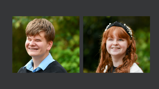 Side-by-side portrait photographs of Natalie and George outdoors.